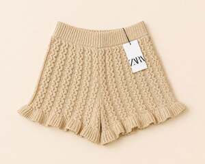 ZARA Textured Pointelle Knit Ruffle Hem Mini Shorts in Tan